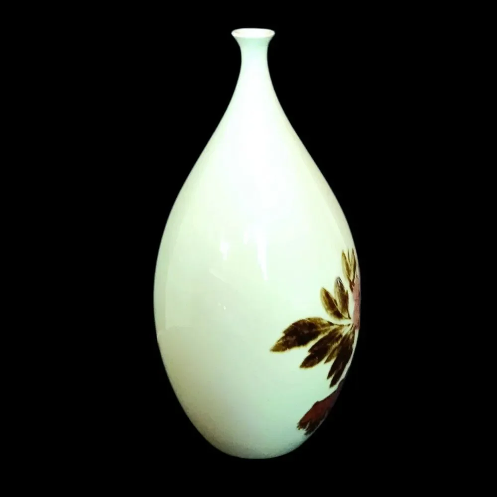 Floral Vase Narrow Neck Japanese Asian Abstract White Pink Flowers 8.5
